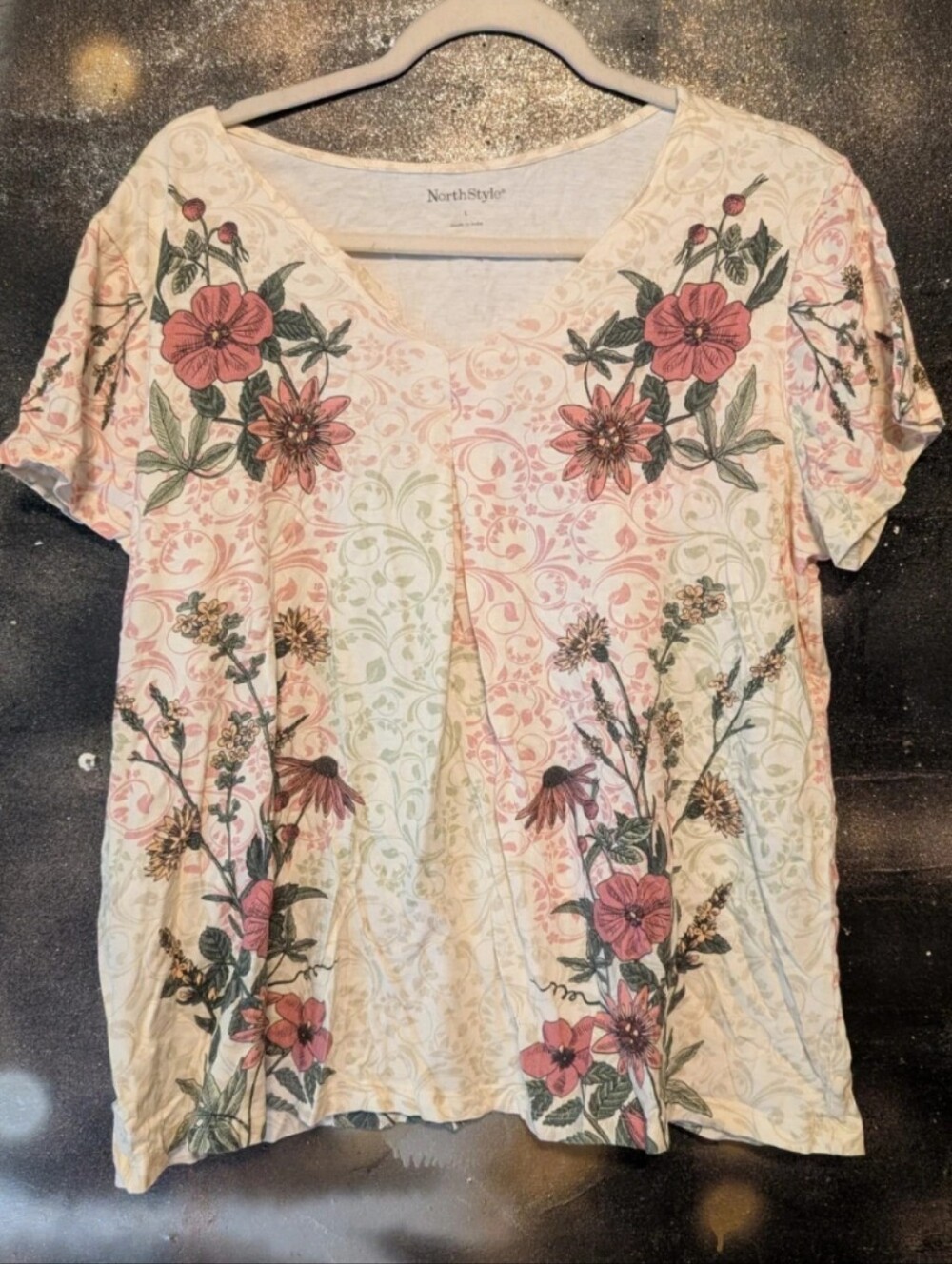 NorthStyle Cream Floral V-Neck Short Sleeve Top with Pink and Green Accents